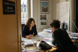 Deputy mayor and city agent discussing urban planning documents in a natural, softly lit Nantes municipal office, seen through a doorway.