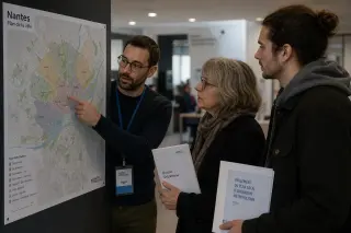 Three people in a Nantes meeting room studying an urban map, engaged in serious discussion under neutral lighting.