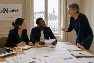 Three people in focused discussion around a table with policy papers and maps in a Nantes city hall meeting room, natural institutional lighting highlighting attentive interaction.